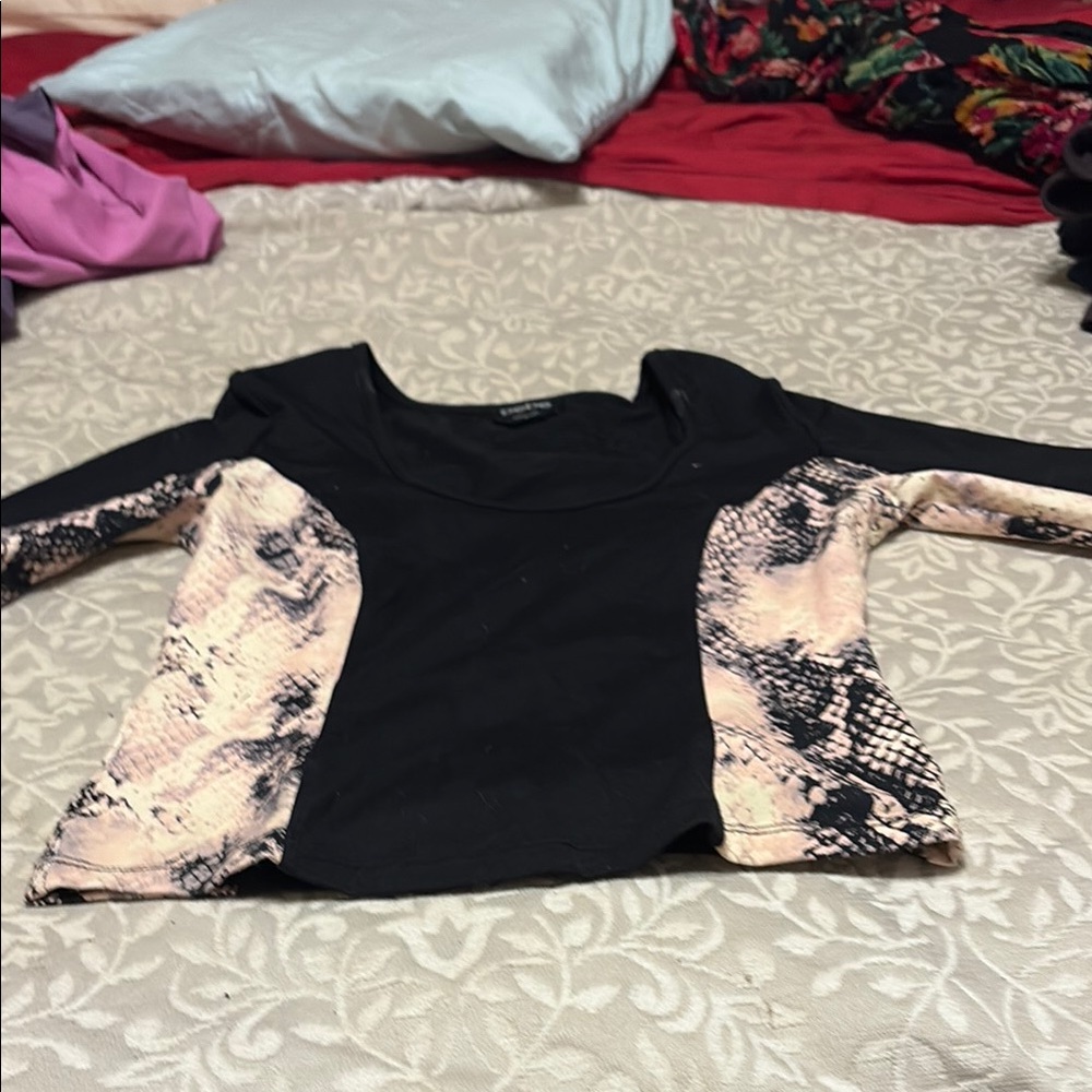 Bebe Black Long Sleeve Top with Snake Print